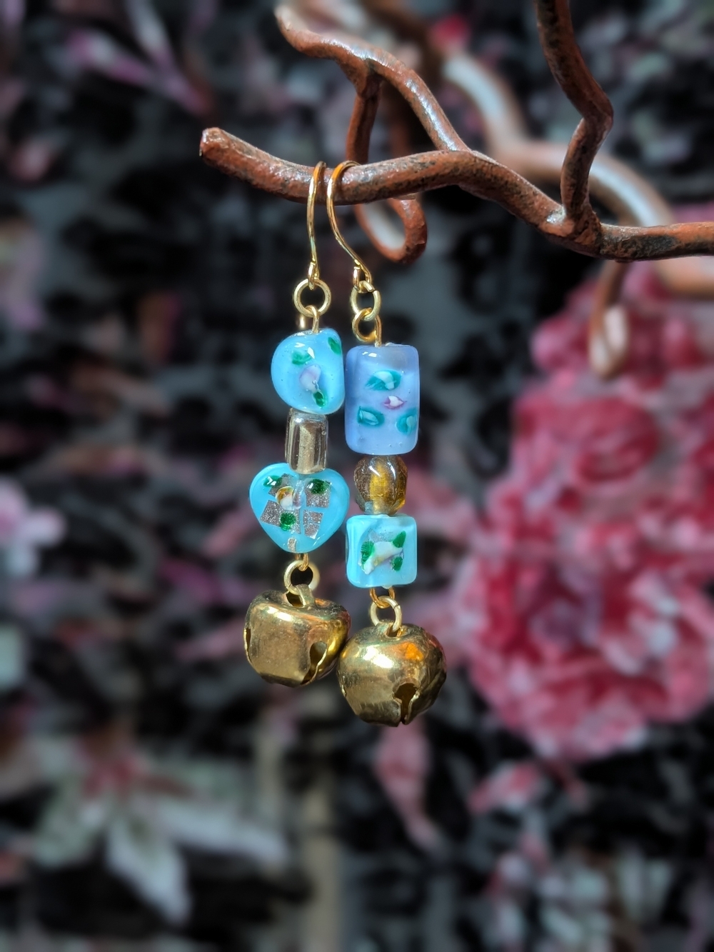 Handmade Blue Glass Bead Dangle Earrings with Gold Bells